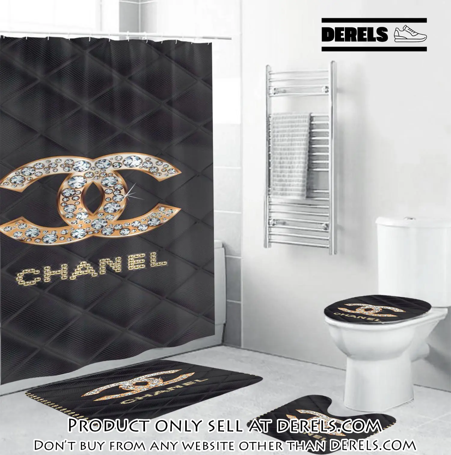 Coco chanel golden logo with full of diamonds in argyle background bathroom set shower curtain dr1128125